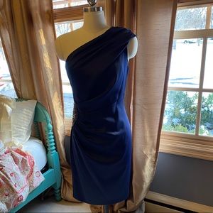 NWOT Navy Blue Satin One Shoulder Dress